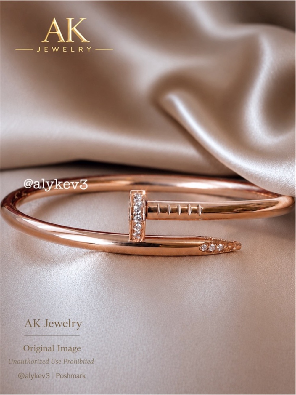 💎LUXURY High End Style Rose Gold Nail Bracelet Stackable Bangle CZ Pave Diamonds